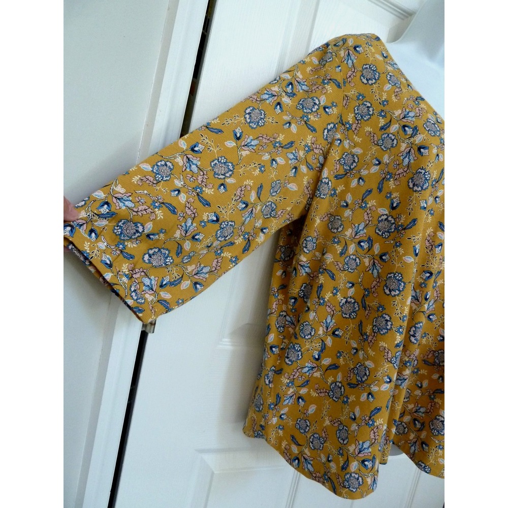 Pure Jill J. Jill Floral V-Neck Top XL 18/20 Mustard Yellow 3/4 Sleeve Top